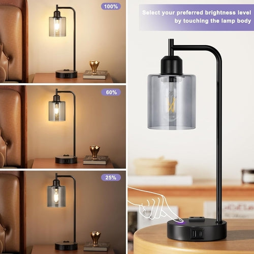 3-Way Dimmable USB Table Lamps With Gray Glass Shade Pair